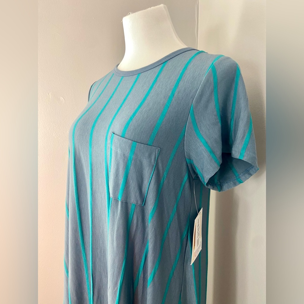 LuLaRoe Carly Dress Gray with Blue Vertical Stripes - Picture 3 of 7